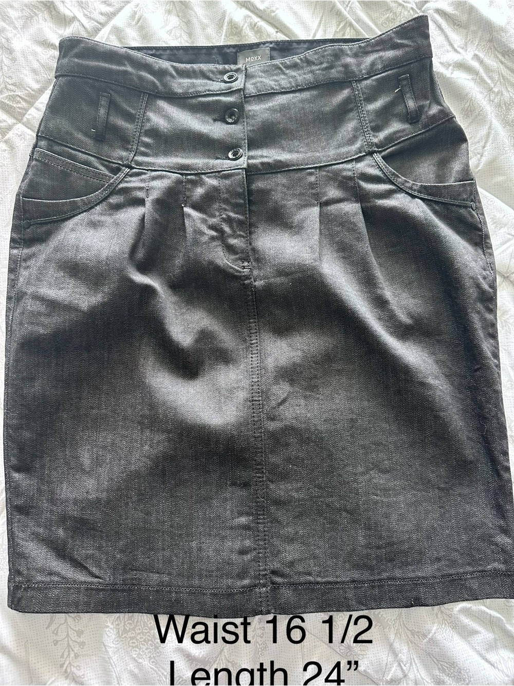 Mexx Dark Gray Light Black Denim Pencil Skirt with Front Button Waistband